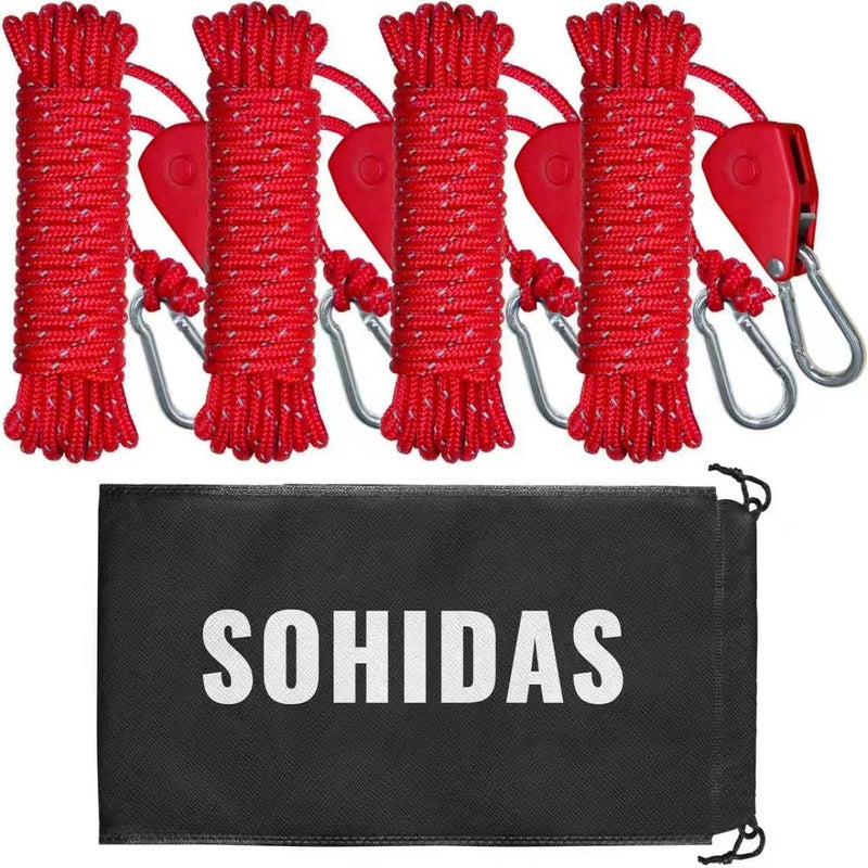 SOHIDAS Camping Rope Reflective Tent Rope Guyline with Ratchet Pulley, Tarp Tie Down Ropes for Tent Tarp, Canopy Shelter, Camping, 13ft Adjustable Guy Line for Canopy Tent 4 Pack Guy Lines Tents Cords - Image 1